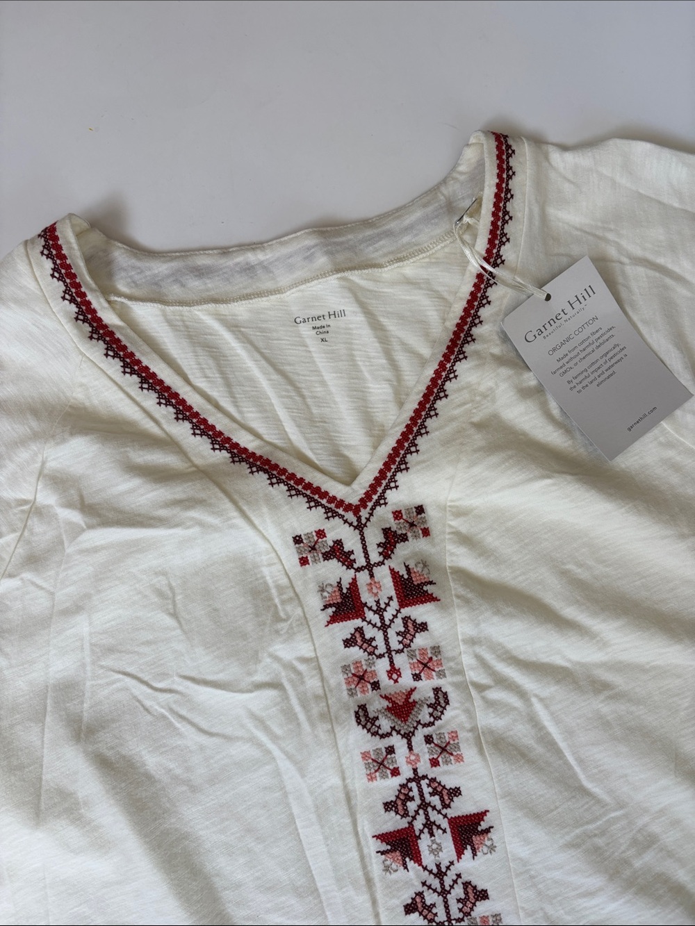 Garnet Hill 100% Organic Cotton Aztec Embroidered Western Cream Tshirt Womens XL